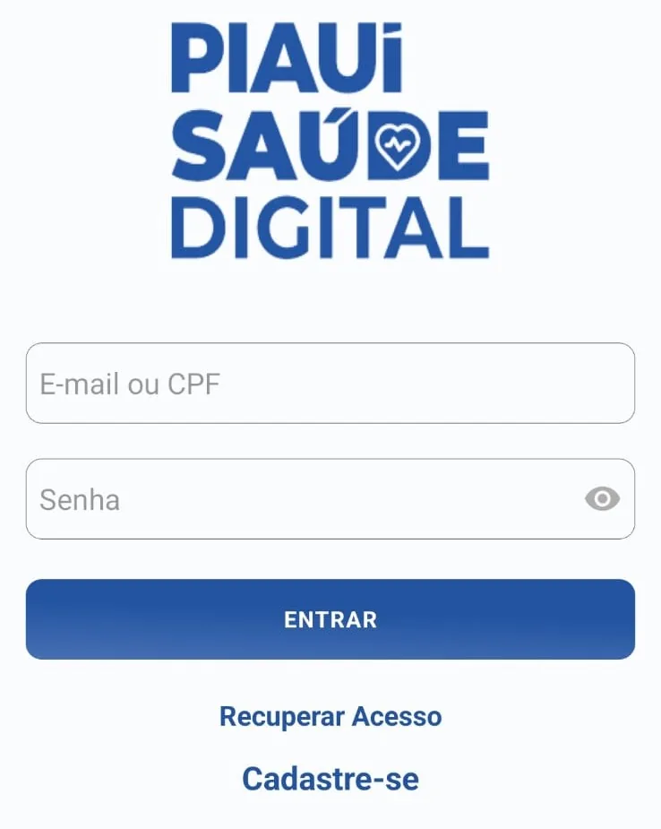 Tela de entrada do aplicativo Piauí Saúde Digital